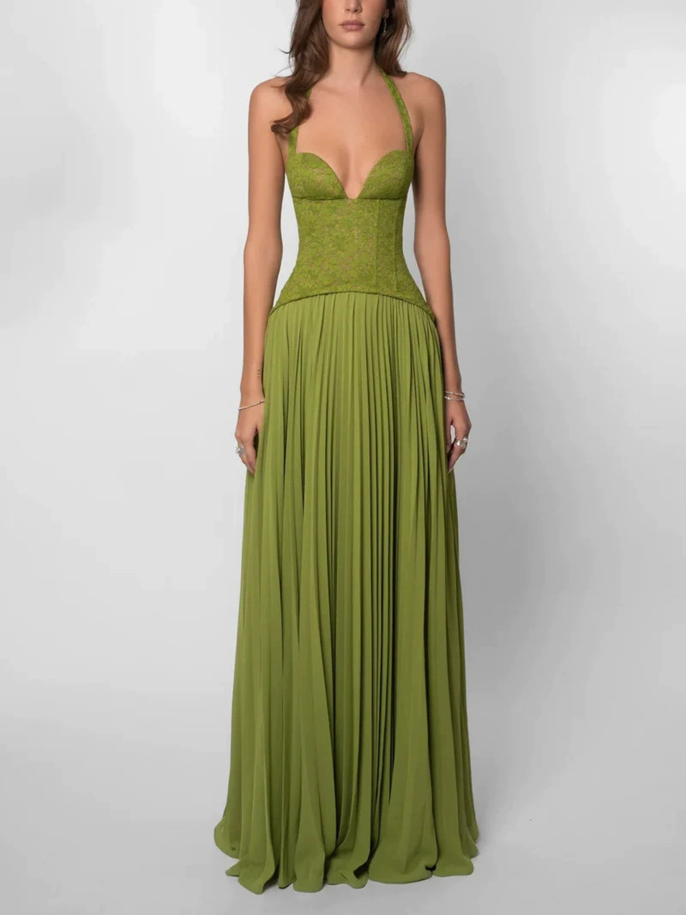 Zara Solid Color Deep Backless Ruched Halter Neck Fitted Maxi Dress